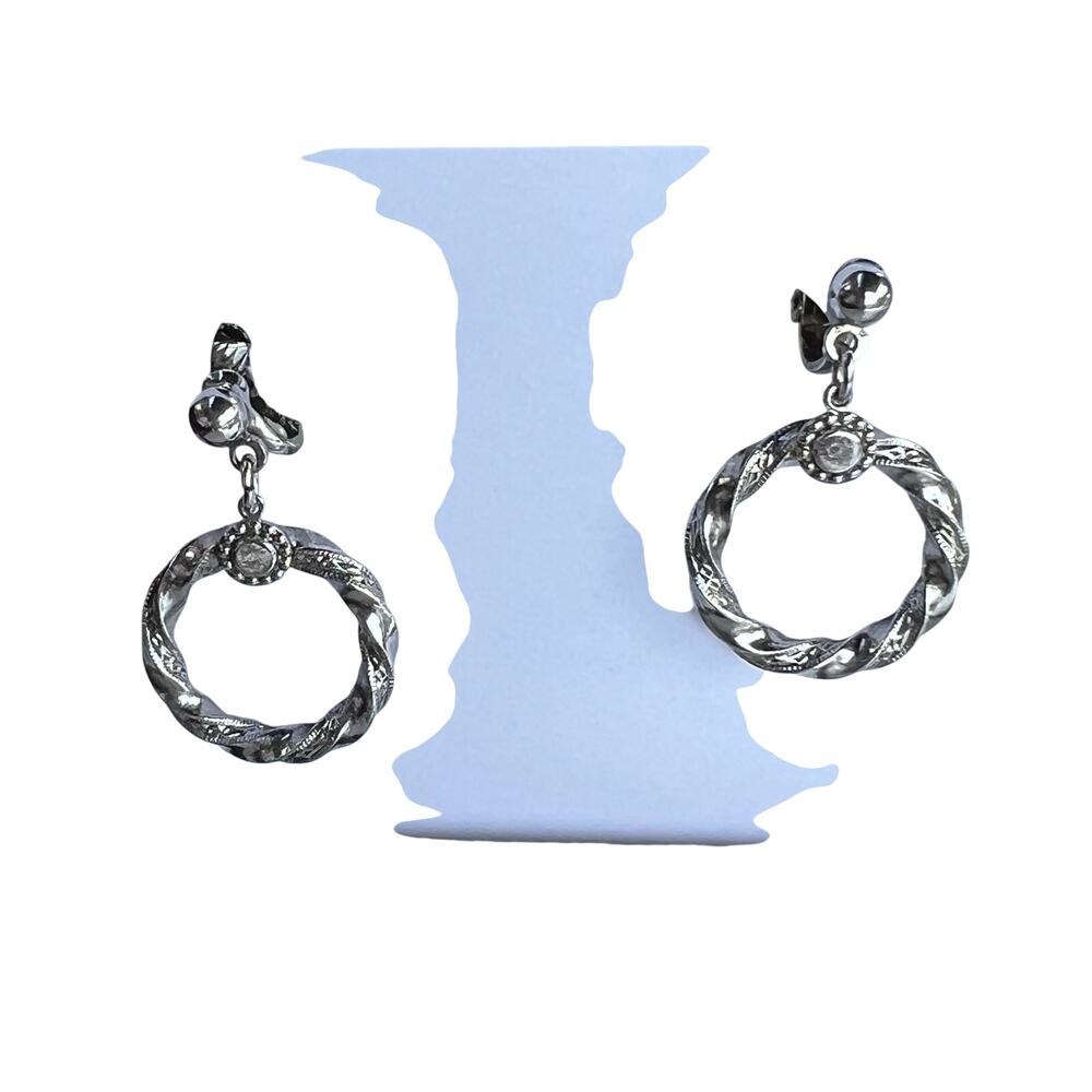 Silver Tone Twisted Rope Circle Dangle Clip-On Earrings Vintage Boho